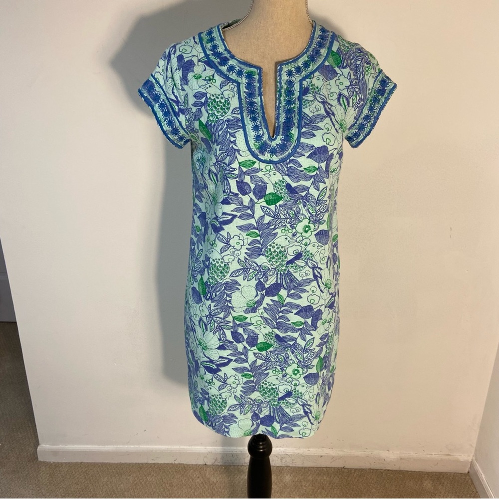 Vineyard Vines Women Dress Linen Tropical Blue/Green Size 2 Cruise Wear Preppy